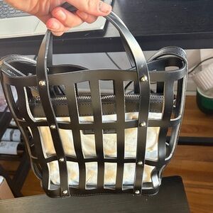 Black Lattice Tote with Removable Cream Pouch
